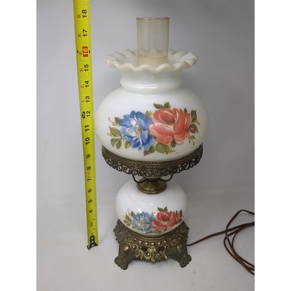 Gone With The Wind Floral Roses Globe Hurricane Table Lamp Milk Glass As-Is VTG - Picture 2 of 12